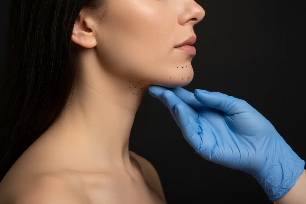 Woman with dotted marks under chin for treatment
